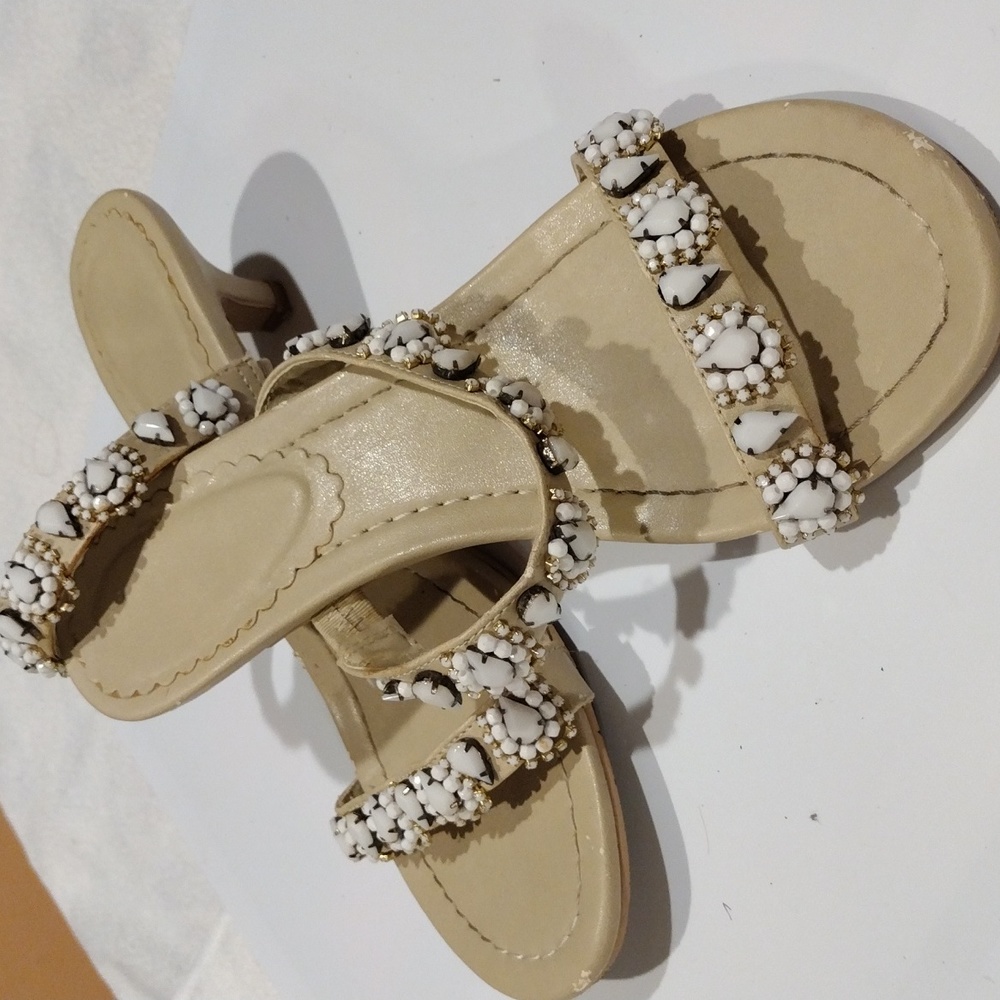 Chic And Stylish,Beige 2 inch heel white embossed With Stone Sandal - Picture 2 of 6